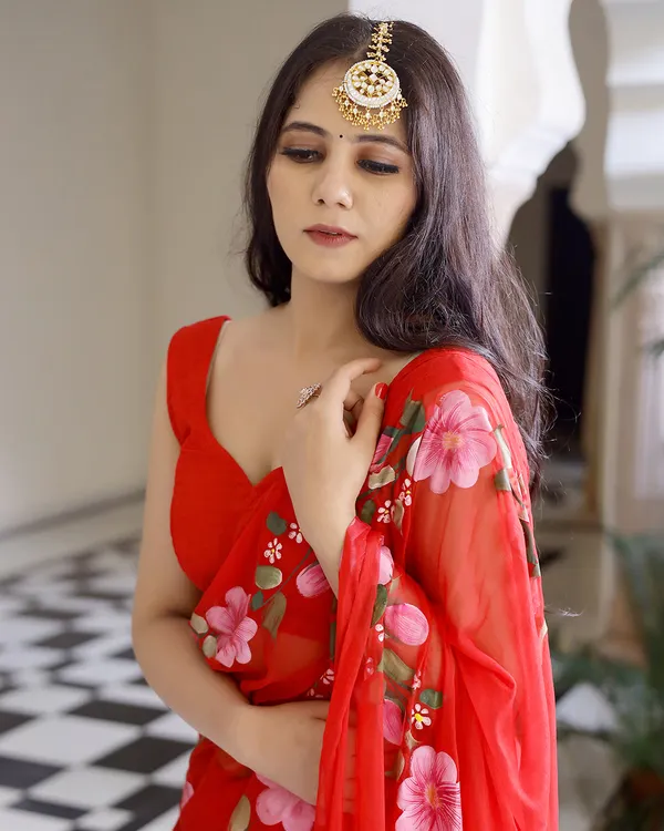 Hot_Red_Floral_H_Painted_Chiffon_Saree_For_Women